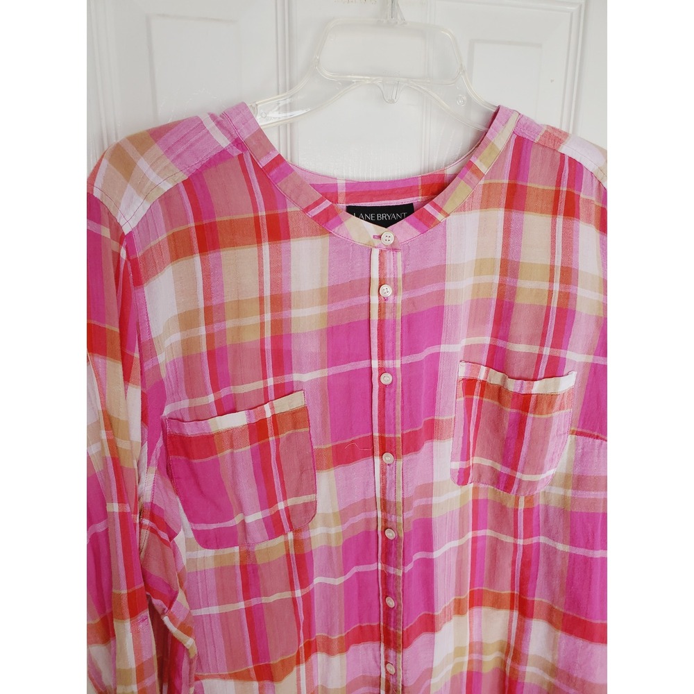Lane Bryant Plaid Button Up Shirt Pink Orange White Long Sleeve Casual Top 26/28
